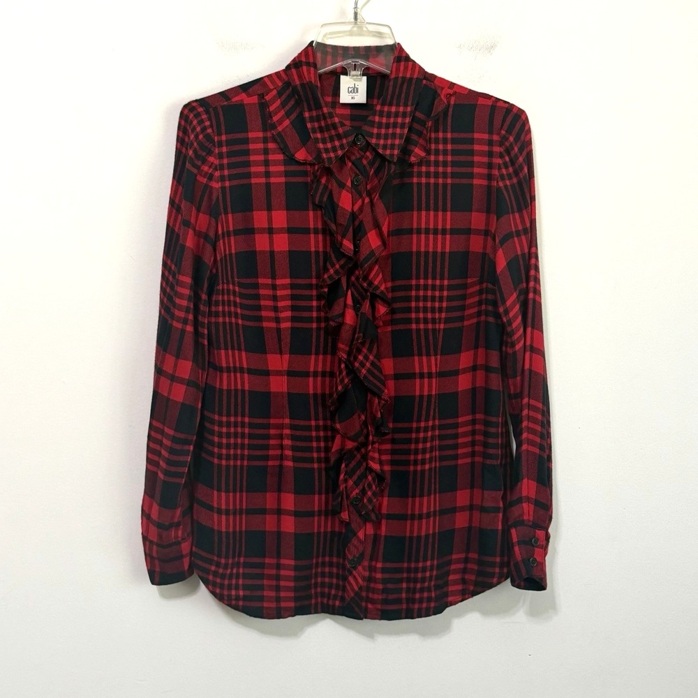 Cabi Lodge Ruffle Red Black Blouse XS Plaid Button Front Cabin Rayon Style 3335